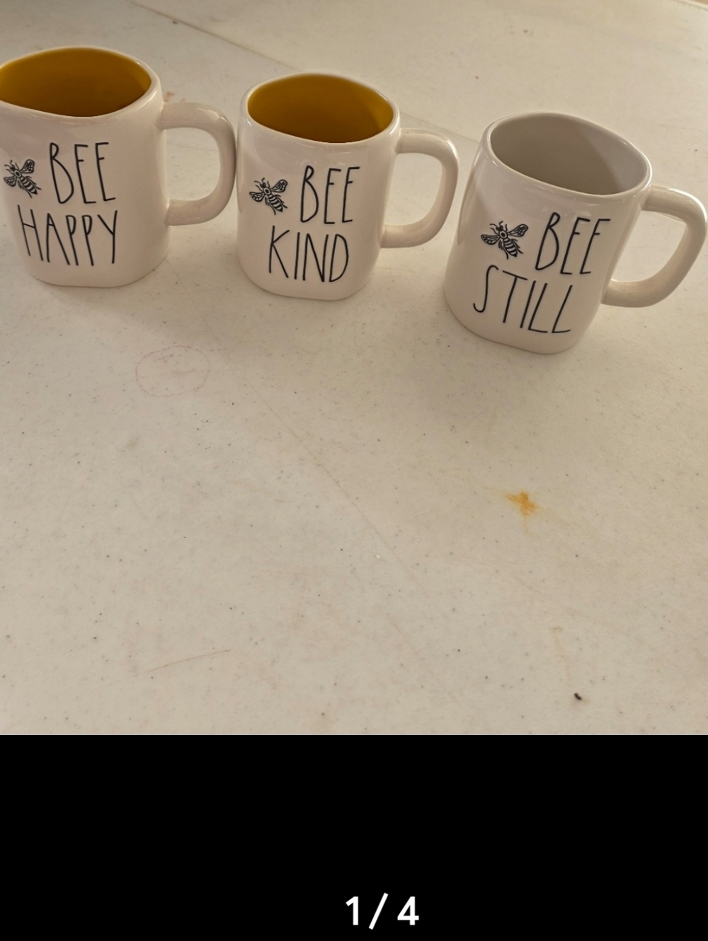 Rae Dunn White Mugs with Yellow and White Interiors - Bee Happy/Kind/Still